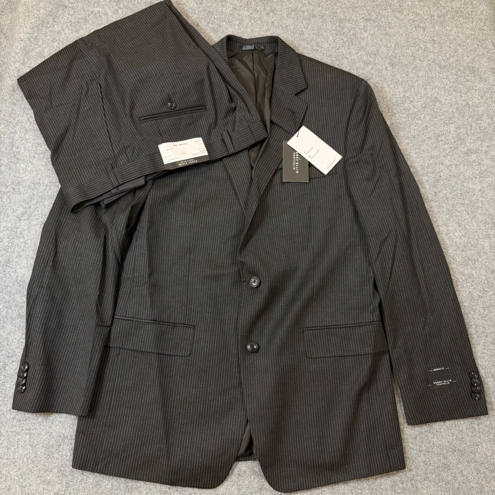 Perry Ellis Portfolio Mens 42L 35W Pinstripe Suit Black Modern Fit EALE2RAA0030